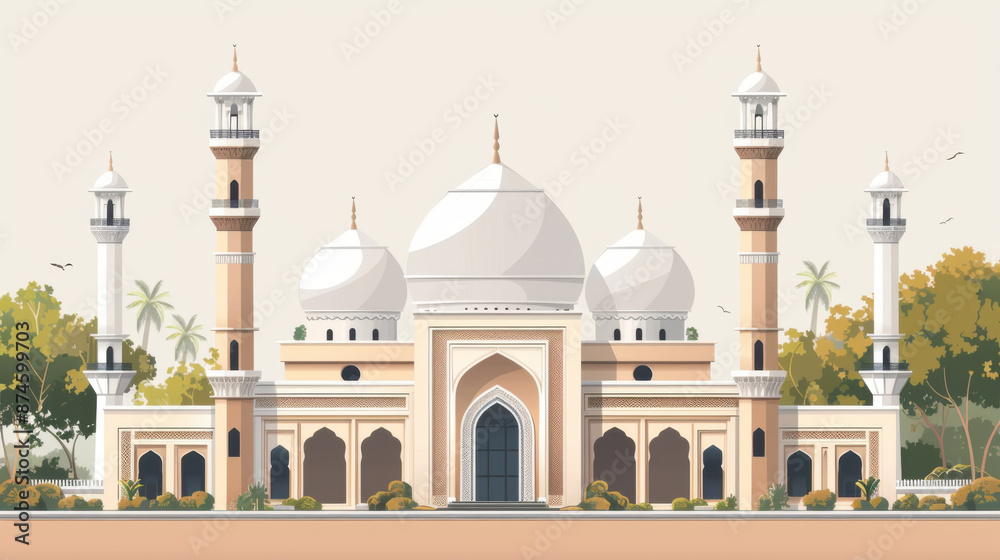 Fototapeta premium Detailed illustration of a grand mosque featuring multiple minarets and a beautiful architectural design.