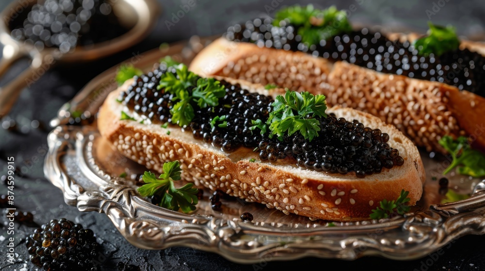 gourmet delicacy, delight in a decadent black caviar sandwich on a silver platter, a luxurious indulgence fit for special moments gourmet delicacy, delight in a decadent black caviar sandwich on a silver platter, a luxurious indulgence fit for special moments