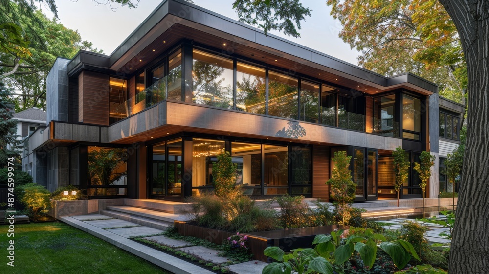 Modern architectural exterior with a combination of concrete and wooden elements, large windows, and surrounding trees, showcasing a sleek and sophisticated design Modern architectural exterior with a combination of concrete and wooden elements, large windows, and surrounding trees, showcasing a sleek and sophisticated design