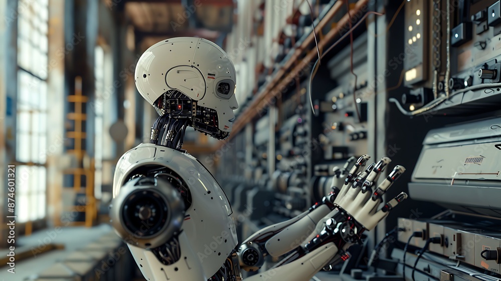 Fototapeta premium Humanoid robot working in high-tech industrial environment