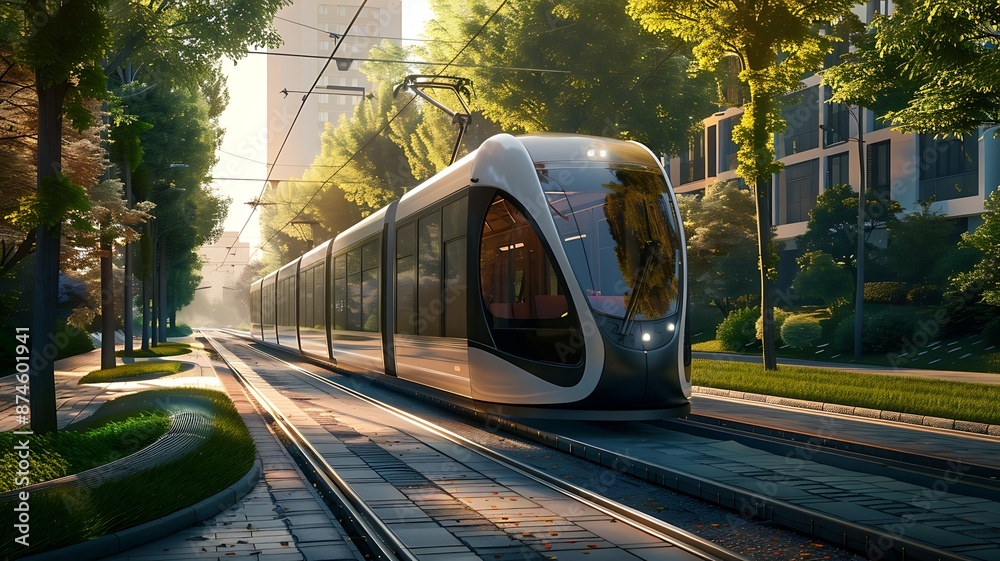 Naklejka premium Modern tram in a sunlit urban area with greenery