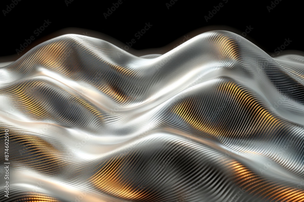 Naklejka premium Metallic abstract waves with a silver and gold texture, representing fluidity, movement, and modern design in a sleek, futuristic illustration