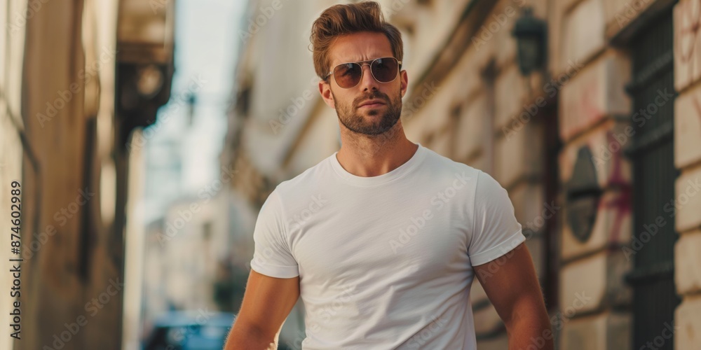 A man wearing a white shirt and sunglasses is walking down a street. He is confident and stylish A man wearing a white shirt and sunglasses is walking down a street. He is confident and stylish