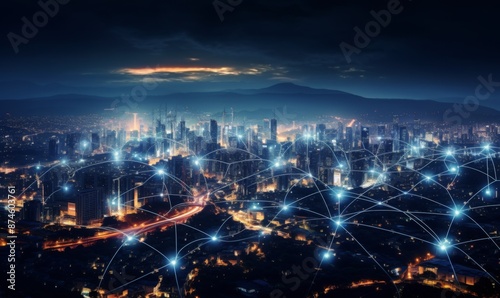 Wallpaper Mural Telecommunication network above city, wireless mobile internet technology for smart grid or 5G LTE data connection, concept about IoT, global business, fintech, blockchain
 Torontodigital.ca