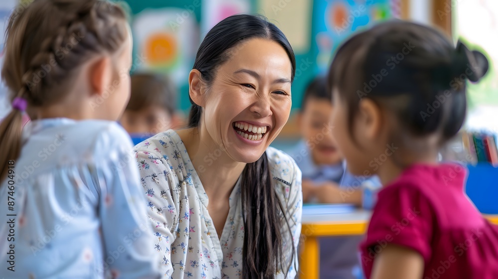 Asian young female teacher laughing with primary students in multicultural class. Education concept