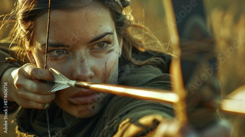 Close-up of a focused female archer aiming an arrow at the target. The scene captures intense determination. Natural light enhances the realism. Ideal for adventure-themed content. AI