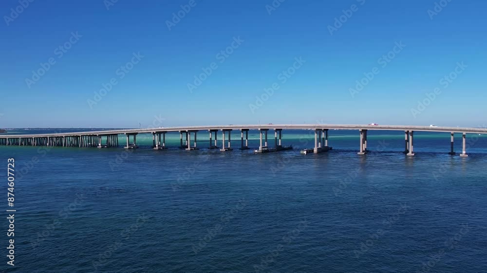 Drone flying towards the Marler Bridge in Destin, Florida. Drone flying towards the Marler Bridge in Destin, Florida.