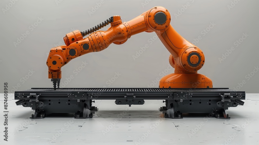 An orange industrial robotic arm with multiple axes of rotation mounted ...