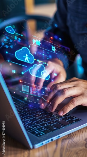 Man using laptop showing cloud computing diagrams digital technology information exchange and future technology ideas Data Document Management System (DMS) Network and Internet Service Concepts -