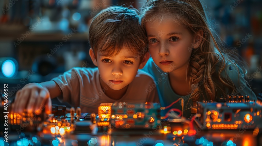 Two children are intently focused on assembling or examining electronic circuits at a workshop table. Two children are intently focused on assembling or examining electronic circuits at a workshop table.