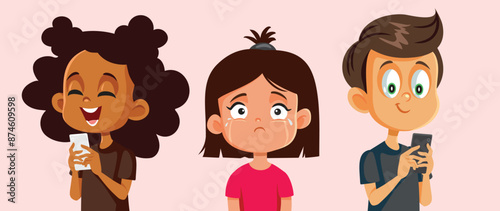 Unhappy Girl Ignored by her Friends Using Smartphones Vector Cartoon. Kids overusing technology unable to play together and socialize 
