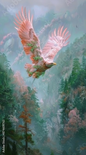 A majestic eagle soaring over a pristine forest, with a keen gaze searching for its prey, capturing the beauty and power of wildlife in action. photo