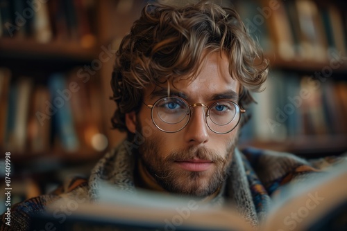 Curious Bookworm Reading by Bookshelf