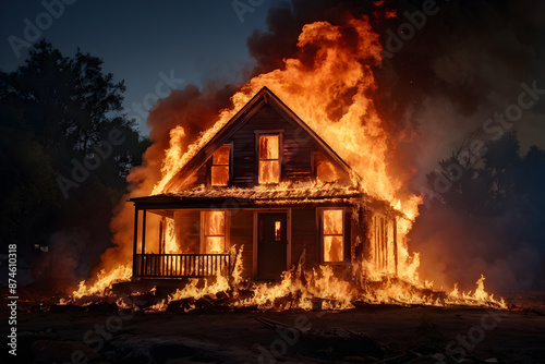 American house in flames, intense fire devouring wooden structure