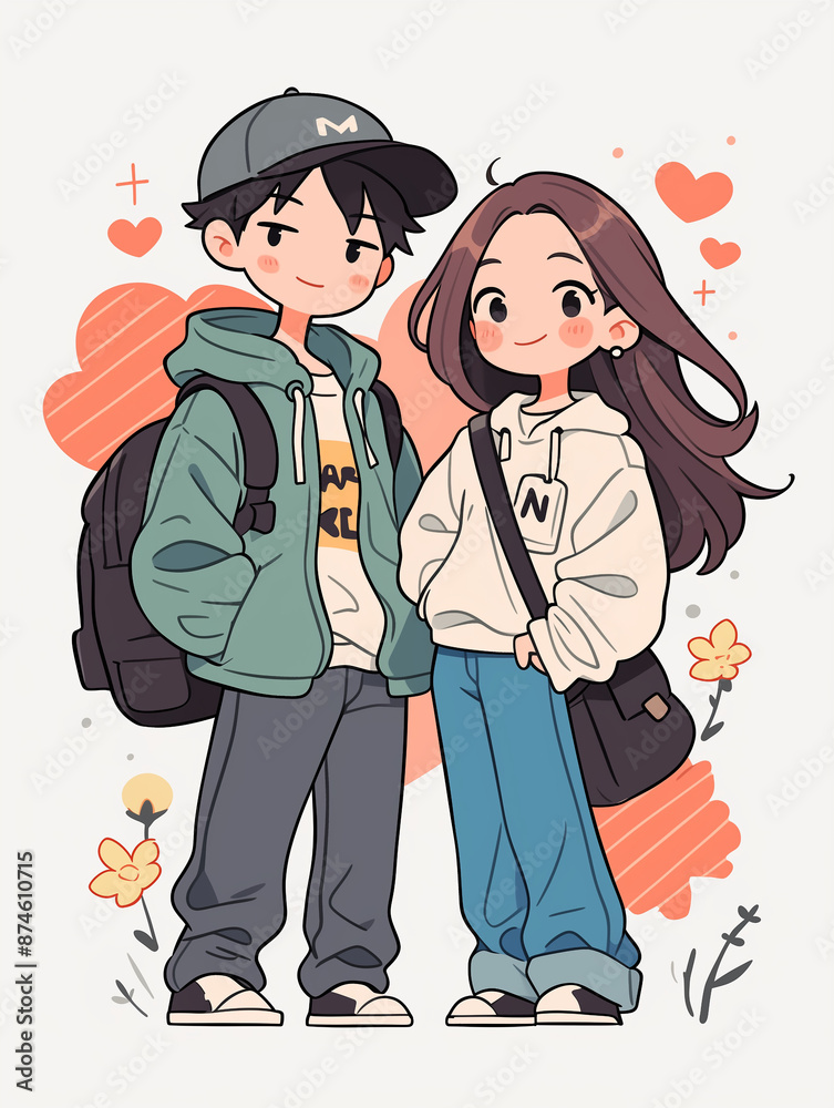 Young couple in love in vector doodle style isolated on white background. Man and woman smiling. Relationship, Valentine's Day, love, happy marriage concept. For print, illustration, sticker Young couple in love in vector doodle style isolated on white background. Man and woman smiling. Relationship, Valentine's Day, love, happy marriage concept. For print, illustration, sticker
