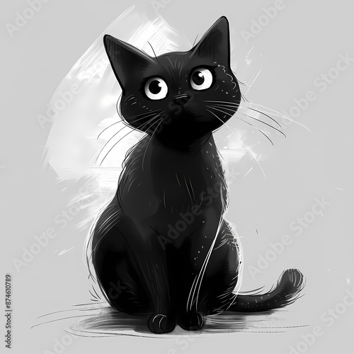 Whimsical portrayal of a black cat in the combined styles of Van Gogh's brushstrokes and cartoon art, showcased in a monochromatic palette