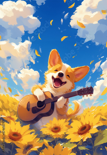 Funny singing corgi dog play guitar in the wheat gold field. Greeting card, banner, postcard, poster, print, design with copy space, Birthday, Valentine's Day, Springtime concept for card, postcard.