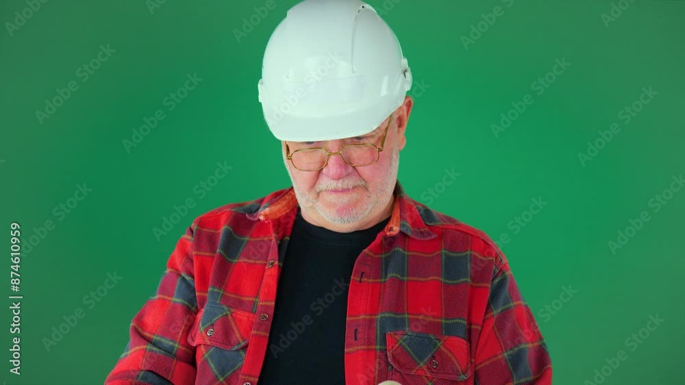 An elderly man, a builder, designer, wearing a construction helmet, glasses and a red checkered shirt, with design drawings in his hands, examines the drawings, expressing surprise. Green background. An elderly man, a builder, designer, wearing a construction helmet, glasses and a red checkered shirt, with design drawings in his hands, examines the drawings, expressing surprise. Green background.