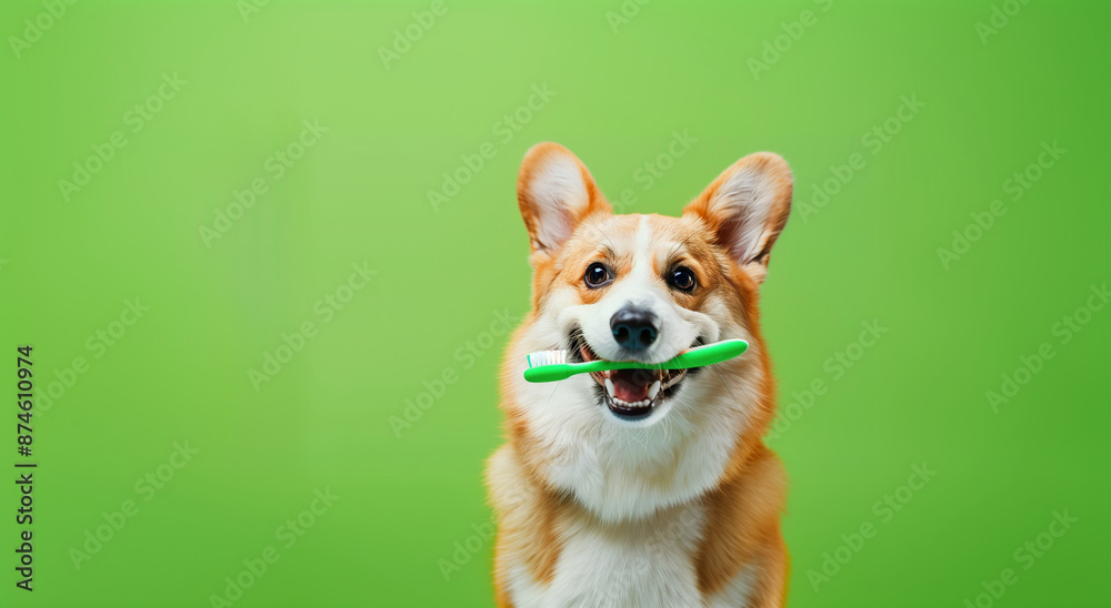 Closeup corgi dog sitting with toothbrush in teeth isolated on green background. Pet care, animals, vet clinic concept. Banner with copy space for text.	
