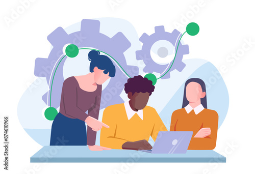 Business Teamwork. Male and female entrepreneurs taking part in business activity in office, discussing project and performing tasks on laptop. Flat vector illustration isolated on white background