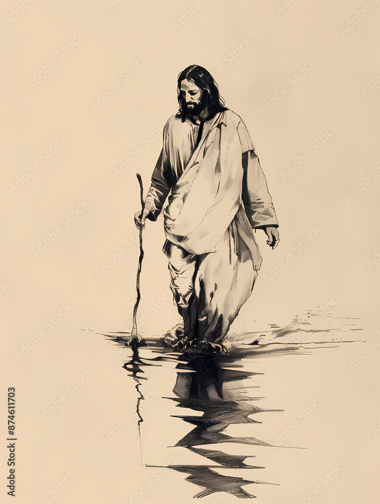 Obraz premium Minimal Drawing of Jesus Walking on Water