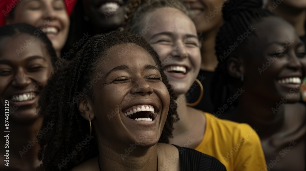 A candid portrait of a diverse group of friends laughing and enjoying each others company at a vibrant outdoor festival