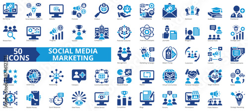 Social media marketing icon collection set. Containing website, promote, product, service, digital, e-marketing, dominant icon. Simple flat vector.