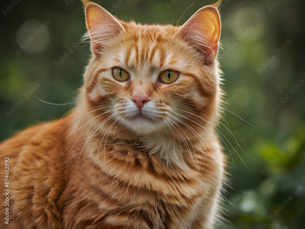 Fototapeta premium orange cat with blur background, orange cat is sitting and looking