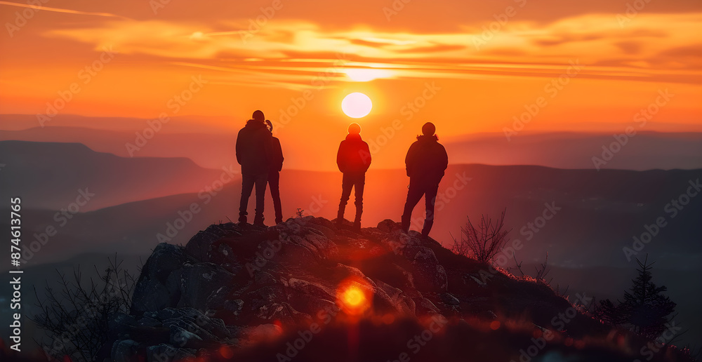 Fototapeta premium Three people standing on a mountain peak at sunset