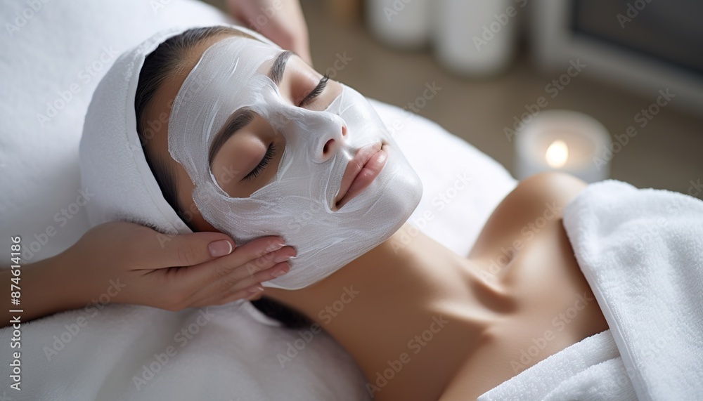 Naklejka premium Young woman enjoying a facial mask at a spa salon, a close up portrait of a beautiful girl wearing a white towel on her head and enjoying a beauty treatment while doing skin care at home. 