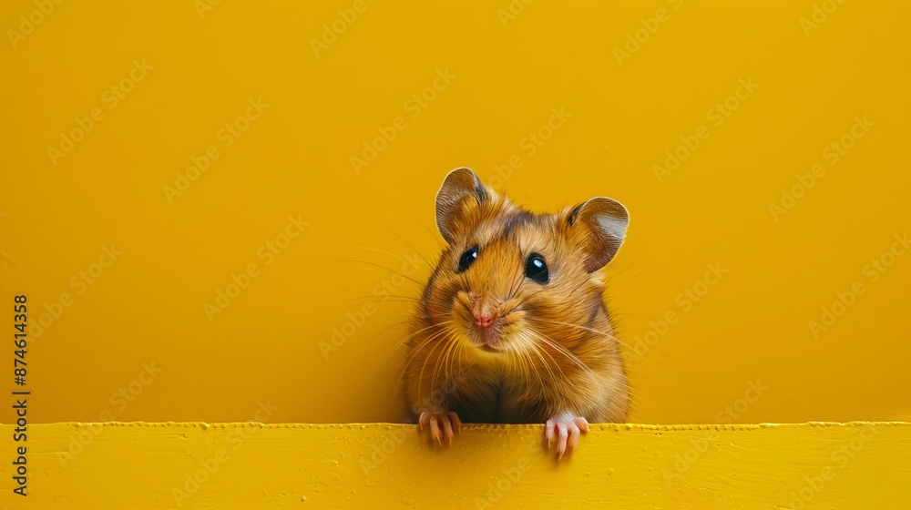 Cute hamster peeks over yellow surface with curiosity. Bright yellow background with small rodent. Cute hamster peeks over yellow surface with curiosity. Bright yellow background with small rodent.