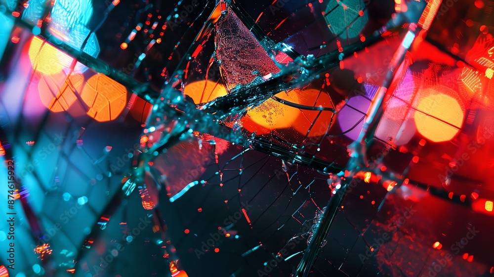 Close-up of shattered glass with vibrant, colorful neon lights reflected, creating a dynamic and abstract visual effect. Close-up of shattered glass with vibrant, colorful neon lights reflected, creating a dynamic and abstract visual effect.
