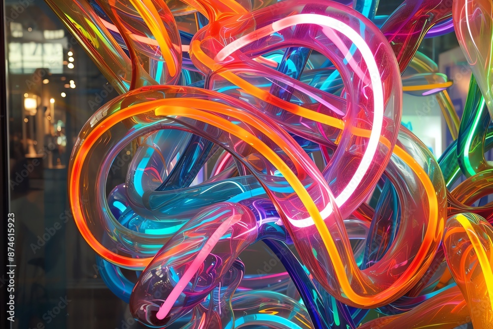 Vibrant abstract light sculpture featuring intertwined neon tubes in various bright colors, creating a mesmerizing visual art installation. Vibrant abstract light sculpture featuring intertwined neon tubes in various bright colors, creating a mesmerizing visual art installation.