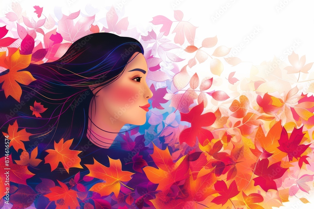 Artistic silhouette of a woman with autumn leaves, capturing transformation, beauty, and natural elegance in a vibrant design Artistic silhouette of a woman with autumn leaves, capturing transformation, beauty, and natural elegance in a vibrant design