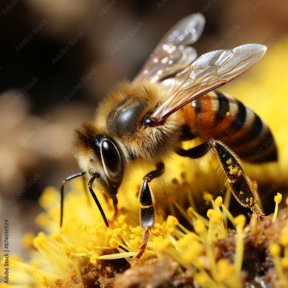 A European honey bee on a beautiful bright yellow flower collecting pollen under the warm sun rays, isolated on a vibrant yellow background in the natural beauty of the outdoors. A European honey bee on a beautiful bright yellow flower collecting pollen under the warm sun rays, isolated on a vibrant yellow background in the natural beauty of the outdoors.