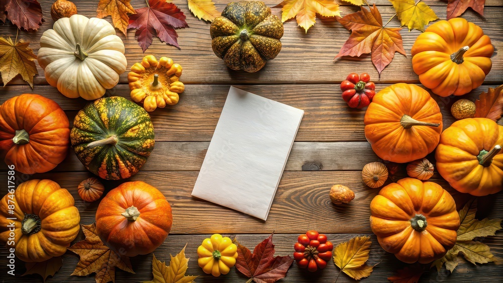Fototapeta premium Thanksgiving note surrounded by pumpkins , Thanksgiving, note, pumpkins, autumn, fall, harvest, seasonal, gratitude