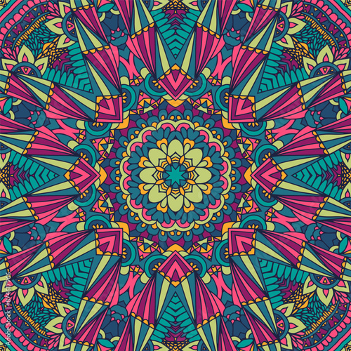Abstract Festive Mandala vintage indian textile ethnic seamless pattern ornamental. Vector colorful aztec geomertric art background