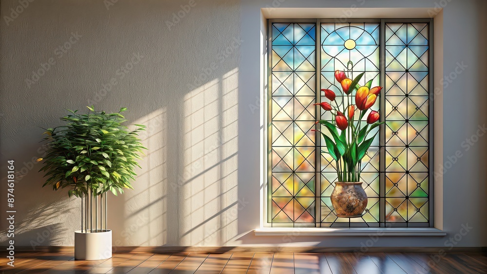 Stained glass window with abstract flower arrangement on light background, stained glass, window, abstract, flower