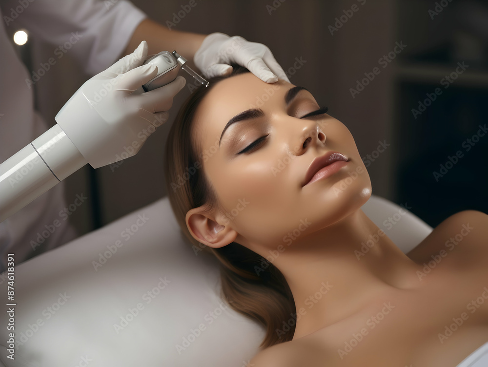 Naklejka premium Laser Treatment, Laser epilation and cosmetology, ultrasound face treatment in medical spa center, Doctor doing laser face and hair removal treatment, skin care concept by using laser