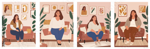 Plus-size Woman Relaxing on a Modern Sofa in a Cozy Living Room