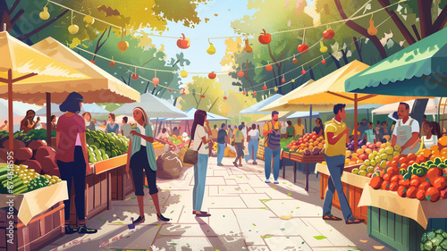 Lively Market Scene with Fresh Vegetables and Fruit
