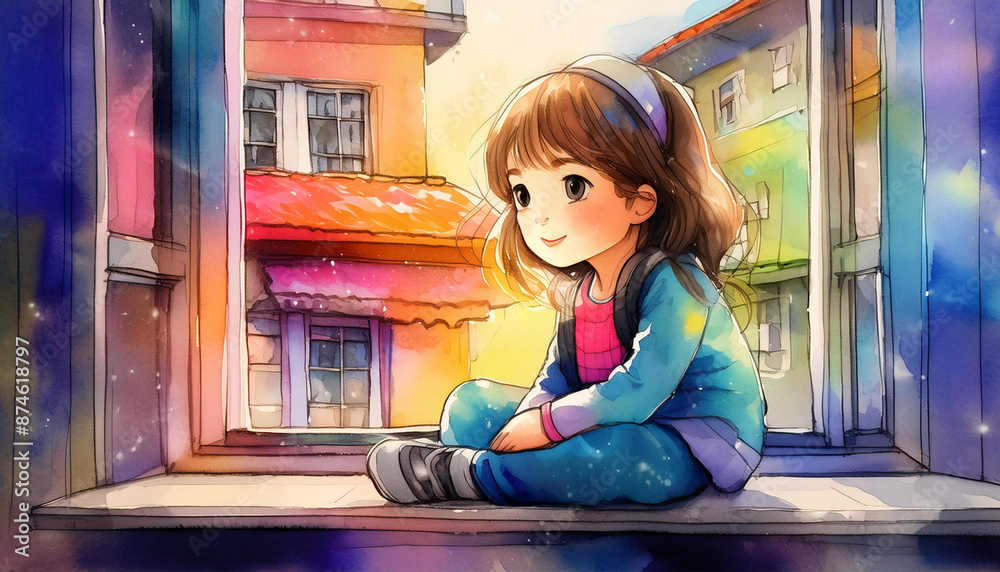 Watercolor painting of a little girl sitting on a window, sweet expression. Watercolor painting of a little girl sitting on a window, sweet expression.