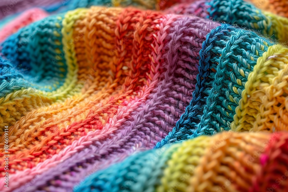 Intricate details of homemade rainbow knit sweater showcasing vibrant colors in skilled craftmanship Intricate details of homemade rainbow knit sweater showcasing vibrant colors in skilled craftmanship