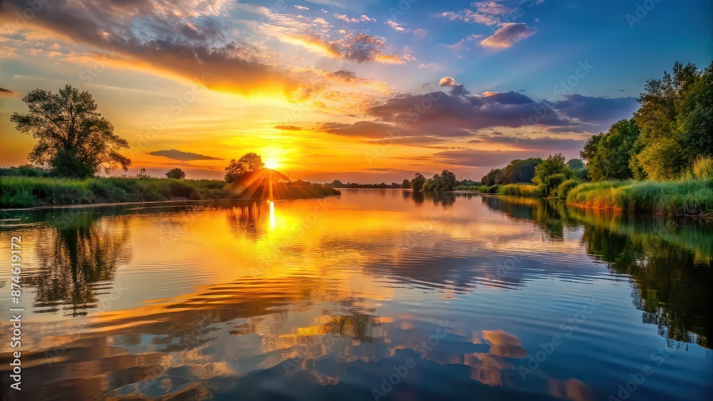 Sunset casting a warm glow on the tranquil river surface , sunset, river, water, tranquil, peaceful, evening, dusk Sunset casting a warm glow on the tranquil river surface , sunset, river, water, tranquil, peaceful, evening, dusk
