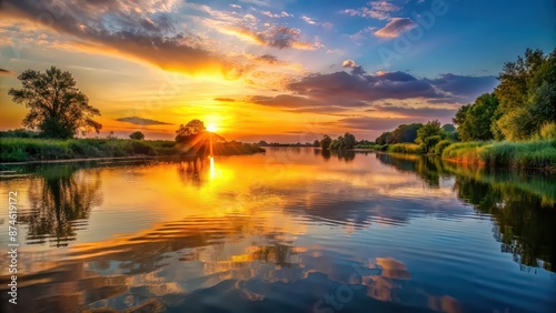 Sunset casting a warm glow on the tranquil river surface , sunset, river, water, tranquil, peaceful, evening, dusk