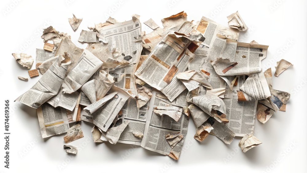 Torn newspaper with scattered pieces on white background, news, torn, paper, ripped, media, journalism, information Torn newspaper with scattered pieces on white background, news, torn, paper, ripped, media, journalism, information