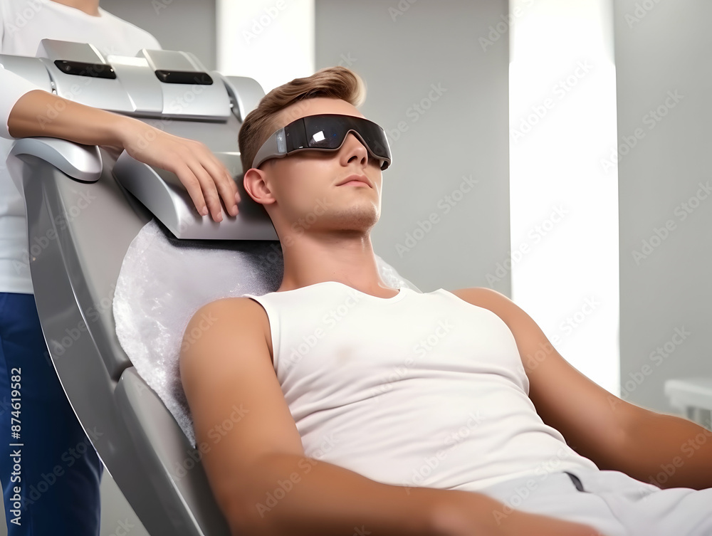 Naklejka premium Laser Treatment, Laser epilation and cosmetology, ultrasound face treatment in medical spa center, Doctor doing laser face and hair removal treatment, skin care concept by using laser