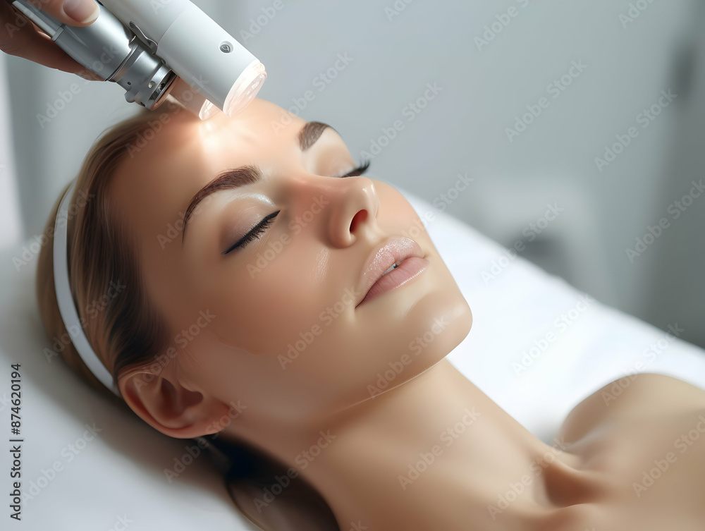 Naklejka premium Laser Treatment, Laser epilation and cosmetology, ultrasound face treatment in medical spa center, Doctor doing laser face and hair removal treatment, skin care concept by using laser