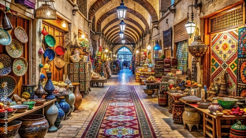 Traditional Arabian bazaar market with narrow streets filled with shops selling ceramics, carpets, spices © Sujid