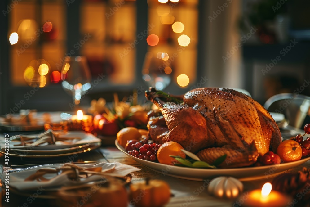 Festive family dinner turkey on table for thanksgiving, christmas, or new year celebration Festive family dinner turkey on table for thanksgiving, christmas, or new year celebration